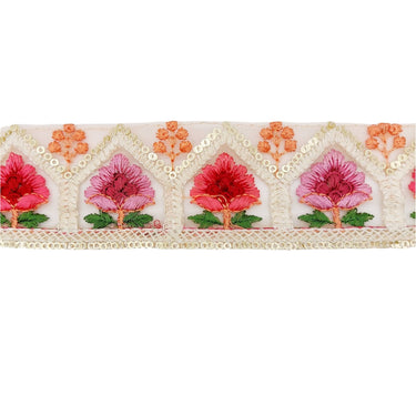9 Yards Peach Soft Net Lace Trim Floral Embroidery and Gold Sequins, Floral Sari Border, Decorative Trim